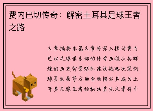 费内巴切传奇：解密土耳其足球王者之路