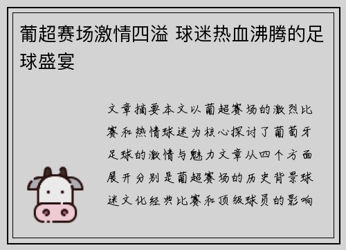 葡超赛场激情四溢 球迷热血沸腾的足球盛宴